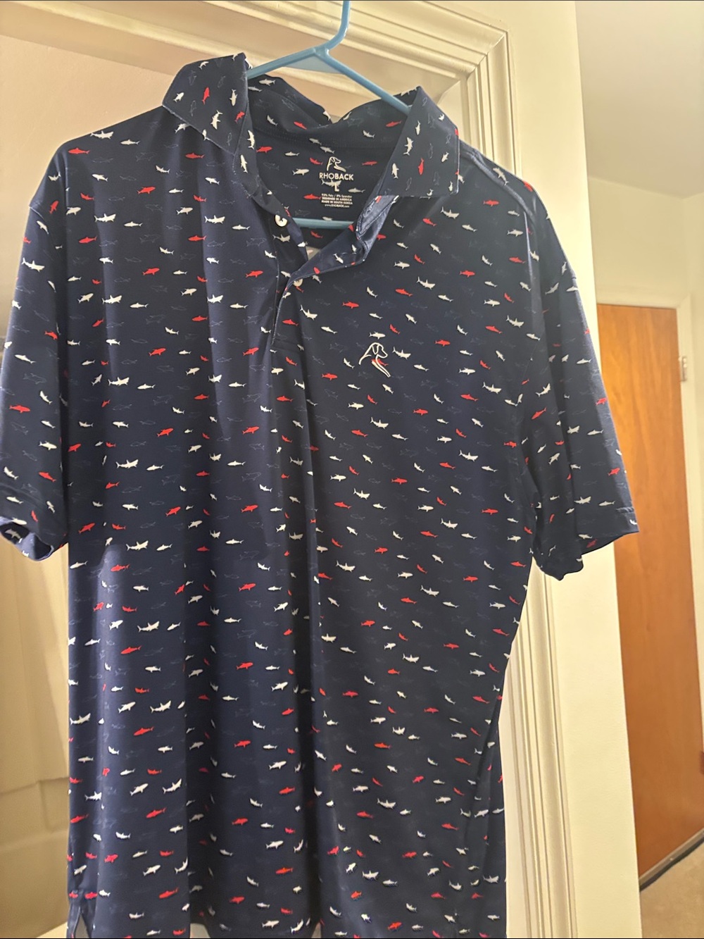 Rhoback Navy Polo with Red & White Shark Print